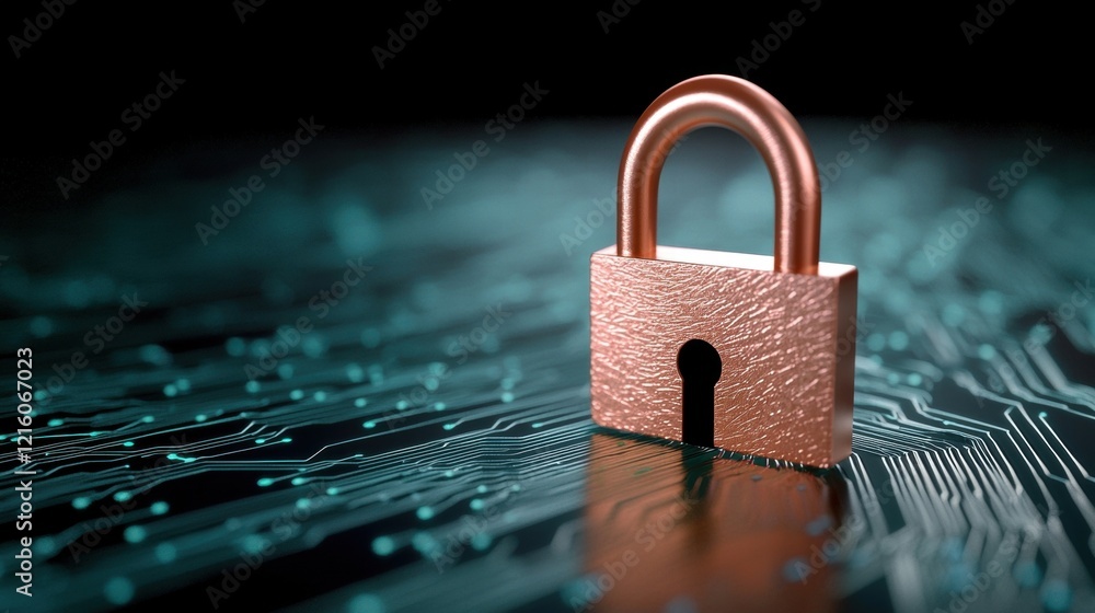 Poster cyber lock and shield icon a padlock with a digital keyhole and a network connection, representing s