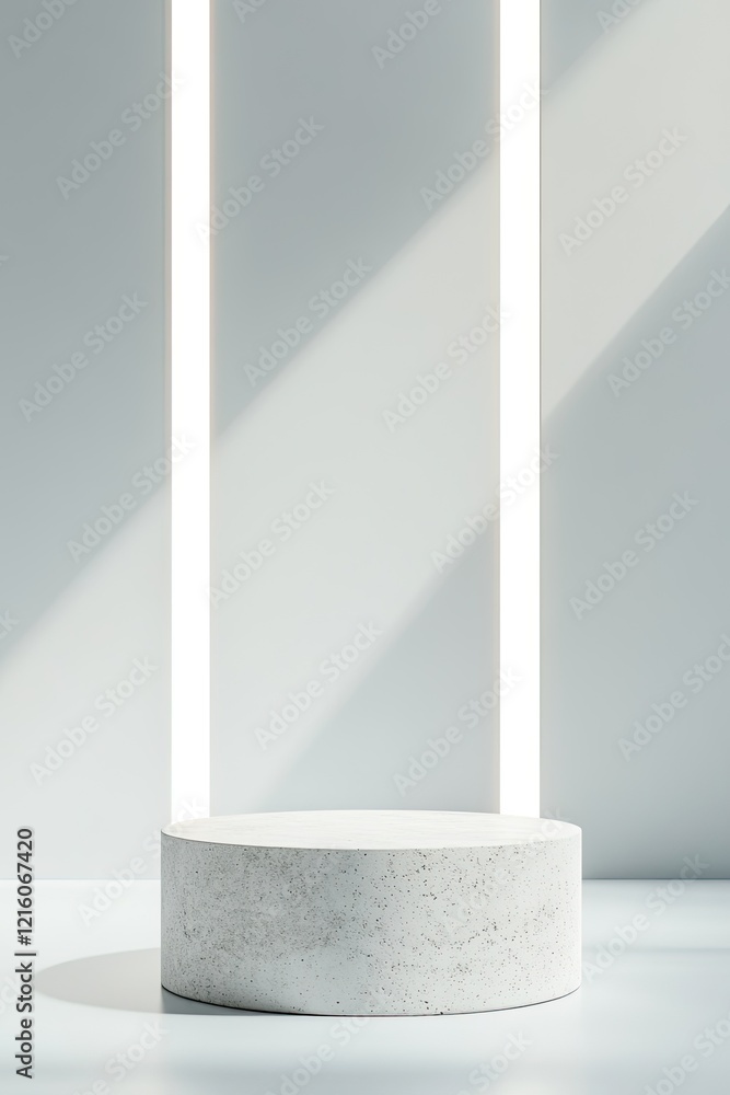 Poster minimalist podium made of white concrete placed in clean studio with subtle shadows cast by linear l