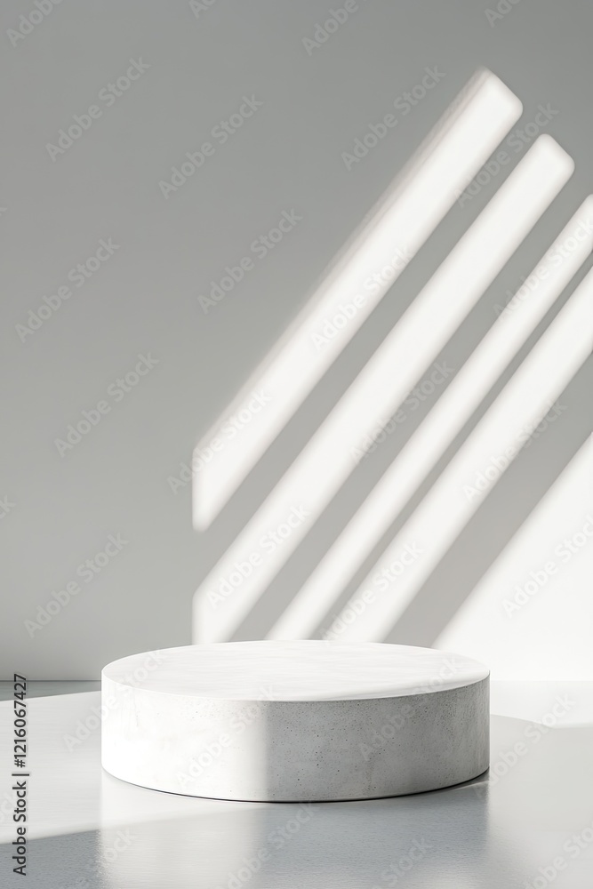 Poster minimalist podium made of white concrete placed in clean studio with subtle shadows cast by linear l