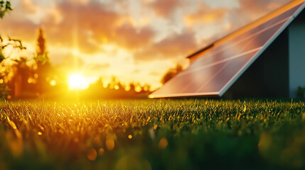solar power station with panels reflecting sunlight at sunset, surrounded by grass. scene evokes sense of sustainability and tranquility