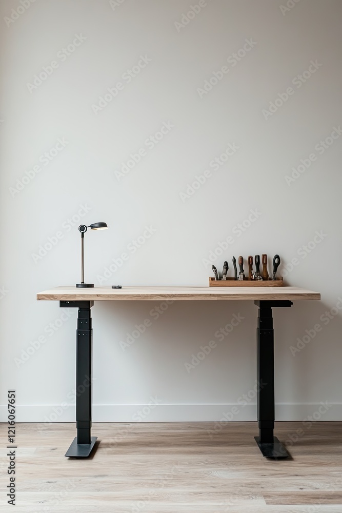 Poster minimalist workshop corner with standing desk clamp light and small set of hand tools on display