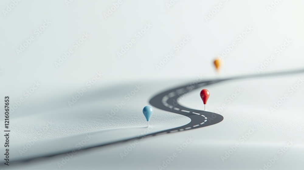 Poster minimalistic 3d road map with colorful pins and winding path symbolizing planning and navigation