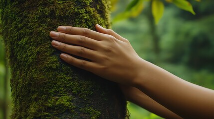 Hand touching mossy tree in lush green forest.
