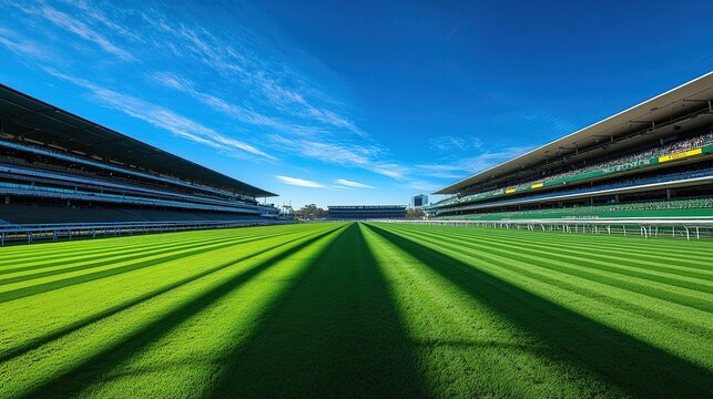 Sunlit race track with grandstands and manicured grass.