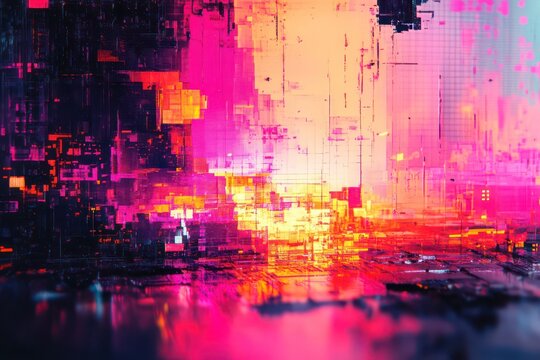 Abstract error symbols on a corrupted screen, blending with vibrant glitch effects and fragmented patterns