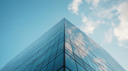 modern high-rise with all-glass facade reflecting dramatic sky and surrounding cityscape