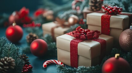 A festive Christmas scene with beautifully wrapped presents, red ornaments, candy canes, and fir branches on a blue backdrop, capturing holiday cheer