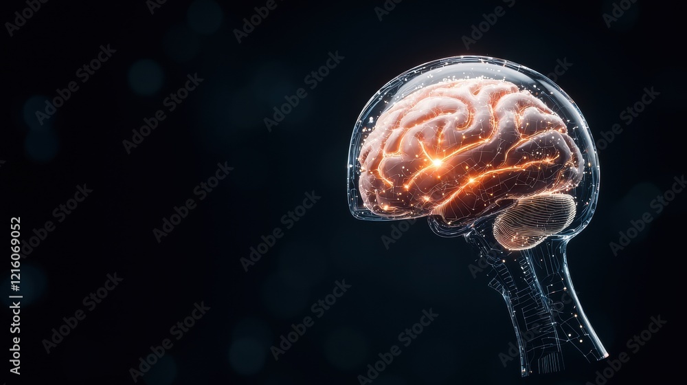 Poster innovative abstract brain or ai icon futuristic robot head with a glowing brain visible through a tr