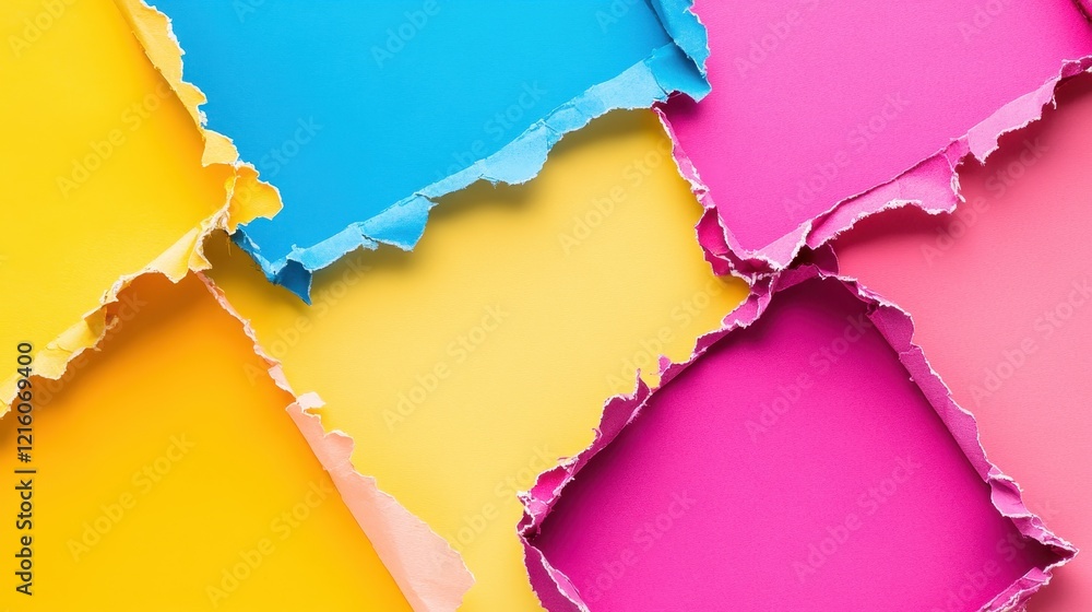 Poster vibrant torn paper abstract background design with multiple colors and textures