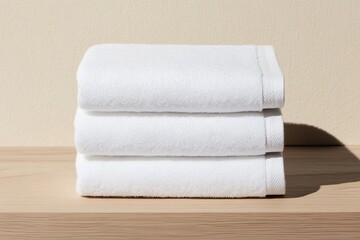 neatly stacked pile of three white towels folded with precision placed on light wooden surface