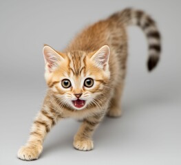 Obraz premium Happy Playful Kitten on Gray Background