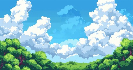 Fototapeta premium A vibrant landscape featuring lush green foliage under a bright blue sky with fluffy clouds.