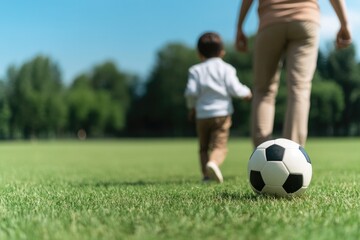 Fototapeta premium parent and child playing soccer in park their joyful movements reflecting importance of active family time