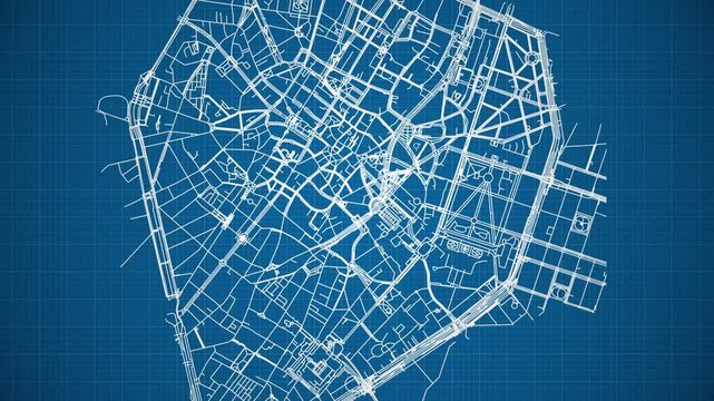 Ink reveal animation of Brussels city, Belgium, grid map. Aerial top view. Blueprint style. White lines with blue background. 4K Seamless loop.