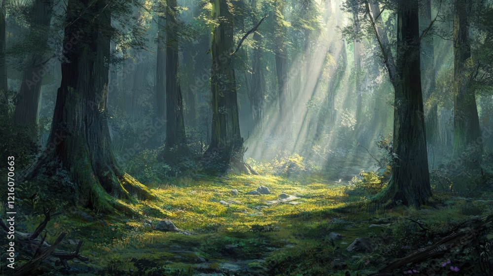 Poster sunlit forest path through tall trees