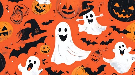 A Halloween Pattern with Pumpkins, Bats, and Ghosts