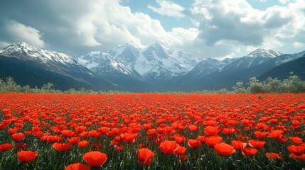Mountainous poppy field landscape, scenic view, travel poster