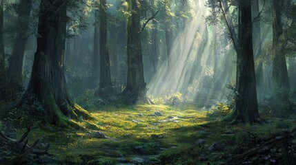 Naklejka premium Sunlit Forest Path Through Tall Trees