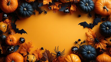 A festive Halloween background featuring pumpkins, bats, spiders, and eyeballs arranged on a vibrant yellow surface, creating a spooky scene