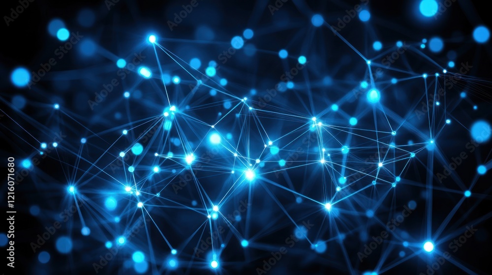 Poster glowing blue network nodes connected lines abstract design
