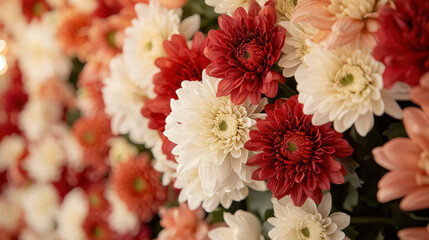 Vibrant floral wall with red and white chrysanthemums in full bloom