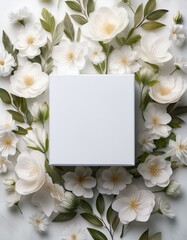 A white box in the middle of a white floral background