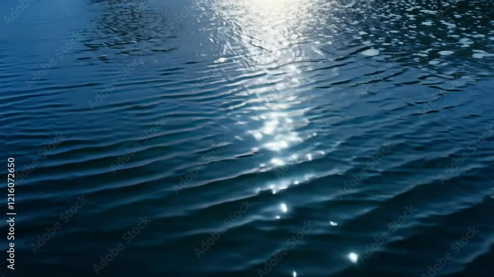 Poster moonlit zoom video in to reveal the intricate patterns of ripples on a lake surface under the soft g