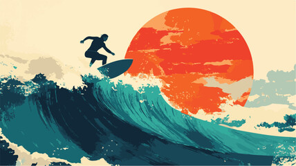 Fototapeta premium Surfer Riding a Wave at Sunset – Vibrant Ocean Adventure, Dynamic Action, and Inspirational Vector Illustration.