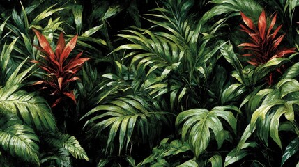 Lush Tropical Foliage with Vibrant Red Bromeliad Blooms