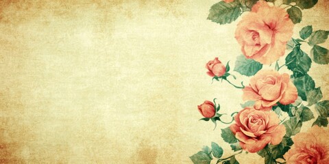 Vintage Floral Background with Peach Roses and Aged Paper Texture