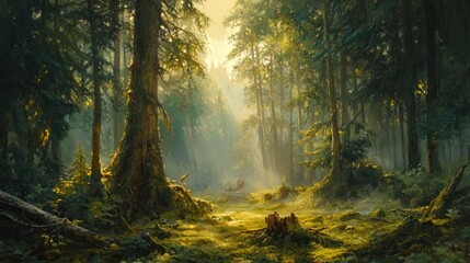 Obraz premium Sunlit Forest Path A Misty Morning Scene