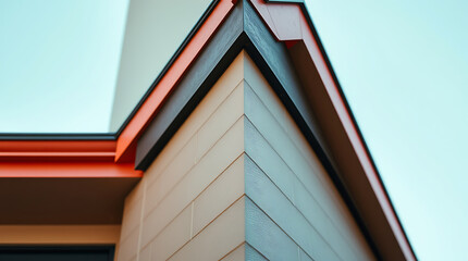 Obraz premium Modern home exterior: Architectural details of a contemporary house with contrasting colors and clean lines. The image showcases the unique design elements and construction of the building's exterior.