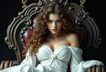 Fantasy portrait of a seated female with flowing gown and throne-like chair