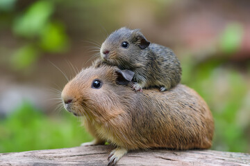 Fototapeta premium Little guinea pig baby sitting on it's mother back outdoors grass field.