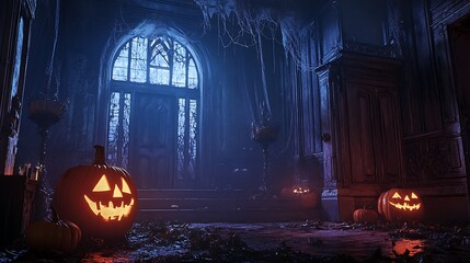 Jack-o'-Lanterns Illuminate a Spooky Haunted House Entryway