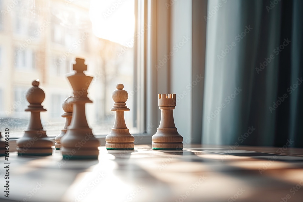 Poster serene view of unfinished chess game by window light warm and golden with generous copy space for st