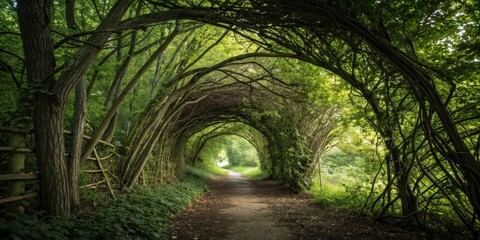 A serene pathway through a verdant natural archway formed by interwoven trees