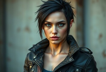 Female diesel punk character with piercing green eyes