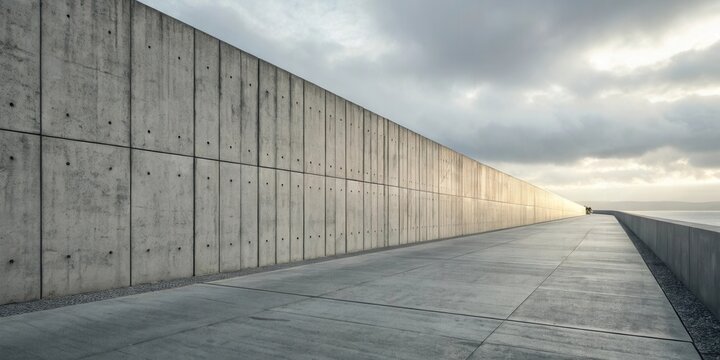 A long, expansive concrete walkway stretches alongside a towering precast concrete wall under a dramatic sky.