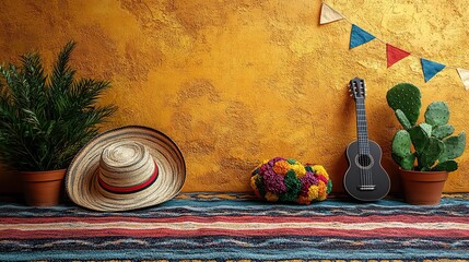 Fototapeta premium A festive setup for Cinco de Mayo. This top-view photo showcases traditional decor a hat, a guitar, maracas, a striped blanket, and pennant flags served on yellow with blank space for copy