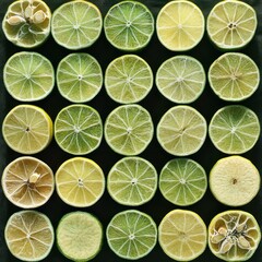 Fototapeta premium Lime slices arranged on dark surface, food photography, flat lay