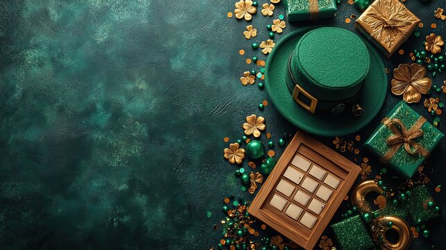 A festive St. Paddys setup.Irish charm a wooden calendar, a leprechauns hat, gift boxes, a lucky horseshoe, trefoils, confetti, and beads on a green backdrop - Powered by Adobe