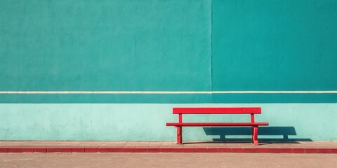 Naklejka premium A vibrant red bench sits serenely against a two-toned teal wall, a minimalist scene of urban simplicity