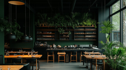Emerald Restaurant Interior: A sophisticated restaurant interior design showcasing a dark green color palette, abundant tropical plants, sleek wooden furniture, and stylish pendant lighting.