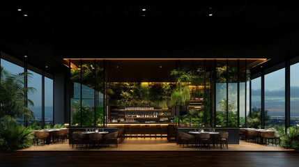 Obraz premium Modern Restaurant Interior: A sleek and modern restaurant interior featuring a bar and dining area, illuminated with warm, inviting light. The space is filled with lush greenery.