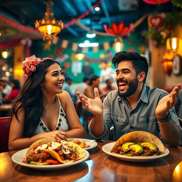Un hombre hispano y una mujer hispana comiendo en un restaurante se divierten