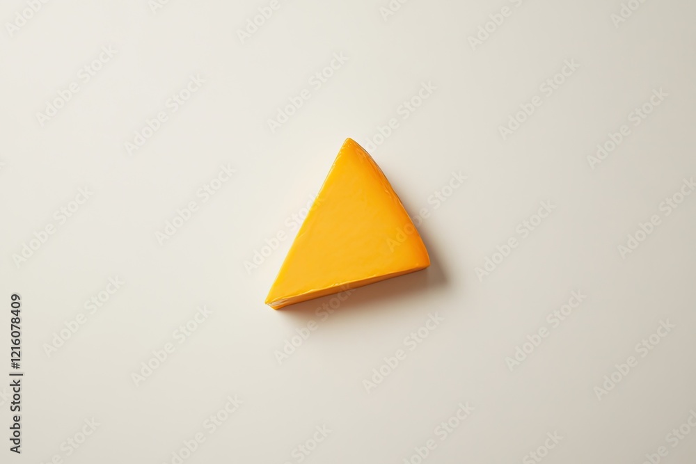 Aufkleber single triangle of cheddar cheese centered on smooth white background in clean overhead shot with ample copy space