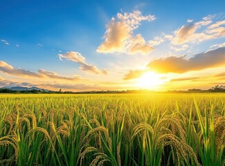 Golden Sunset Over Rice Field with Blue Sky and Clouds View of a Rural Landscape