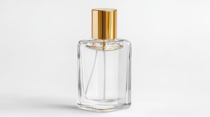 Gold-capped perfume bottle on white background
