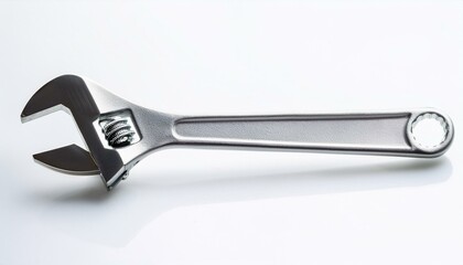 Close-up of a silver adjustable wrench on a white background.